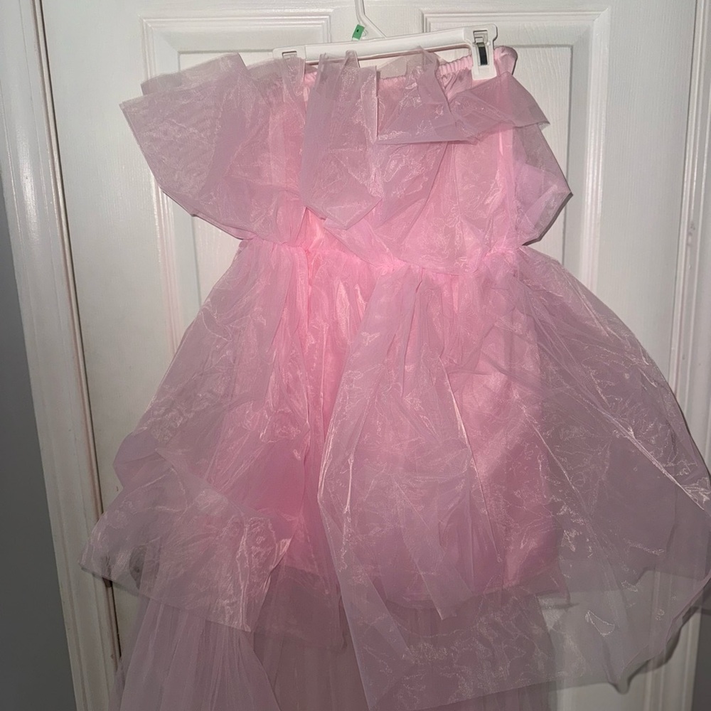 SHEIN Pink Strapless High Low Ruffled Gown